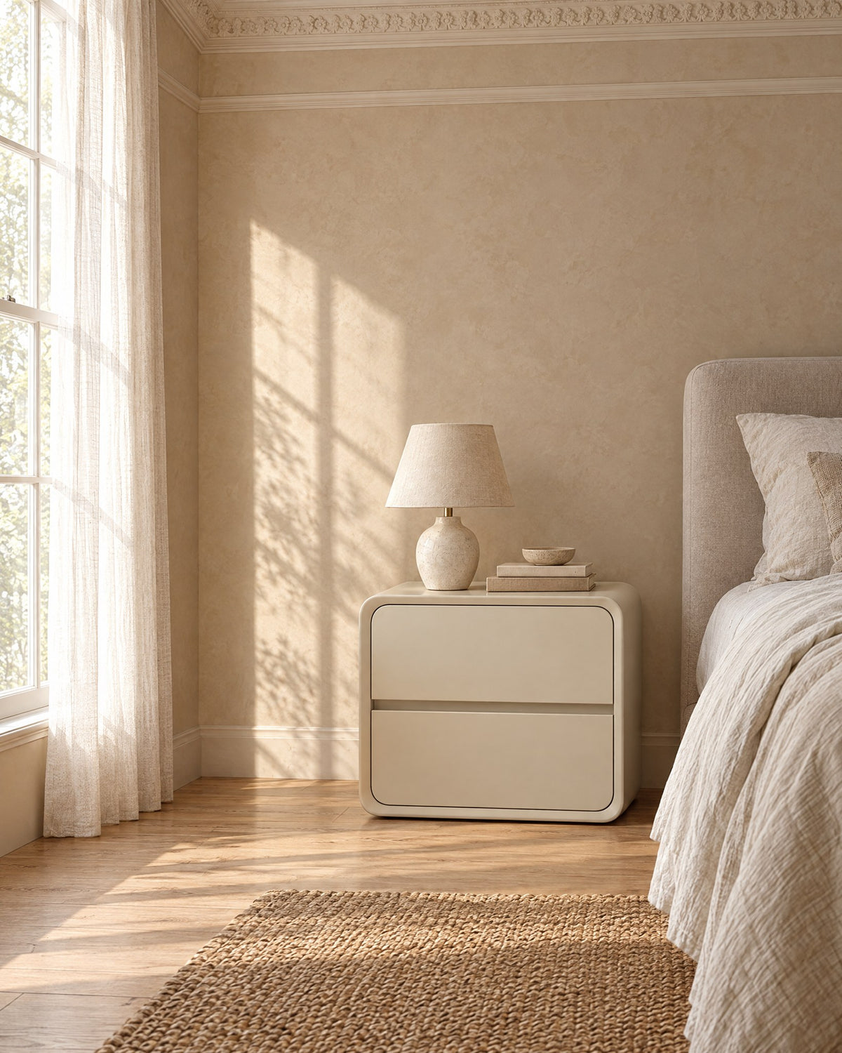 Cream rounded cube bedside table beside a linen bed in a bright British bedroom with a sash window