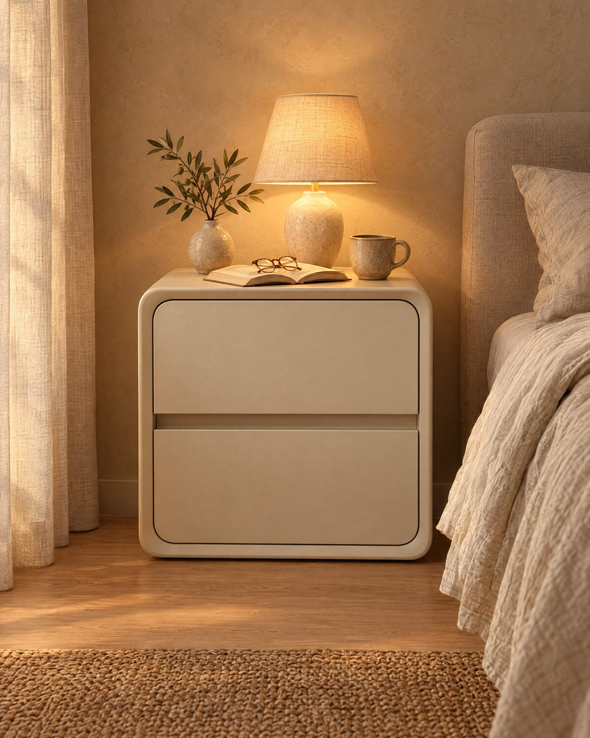 Cream rounded cube bedside table with a lamp switched on, an open book and reading glasses in the evening