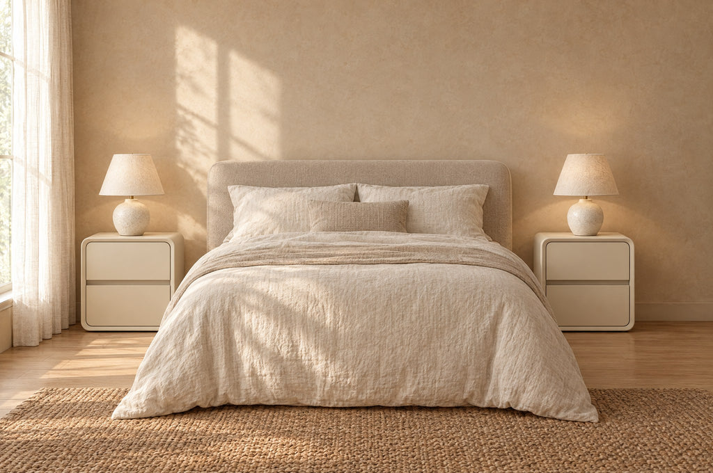 Pair of cream rounded cube bedside tables on each side of a double bed