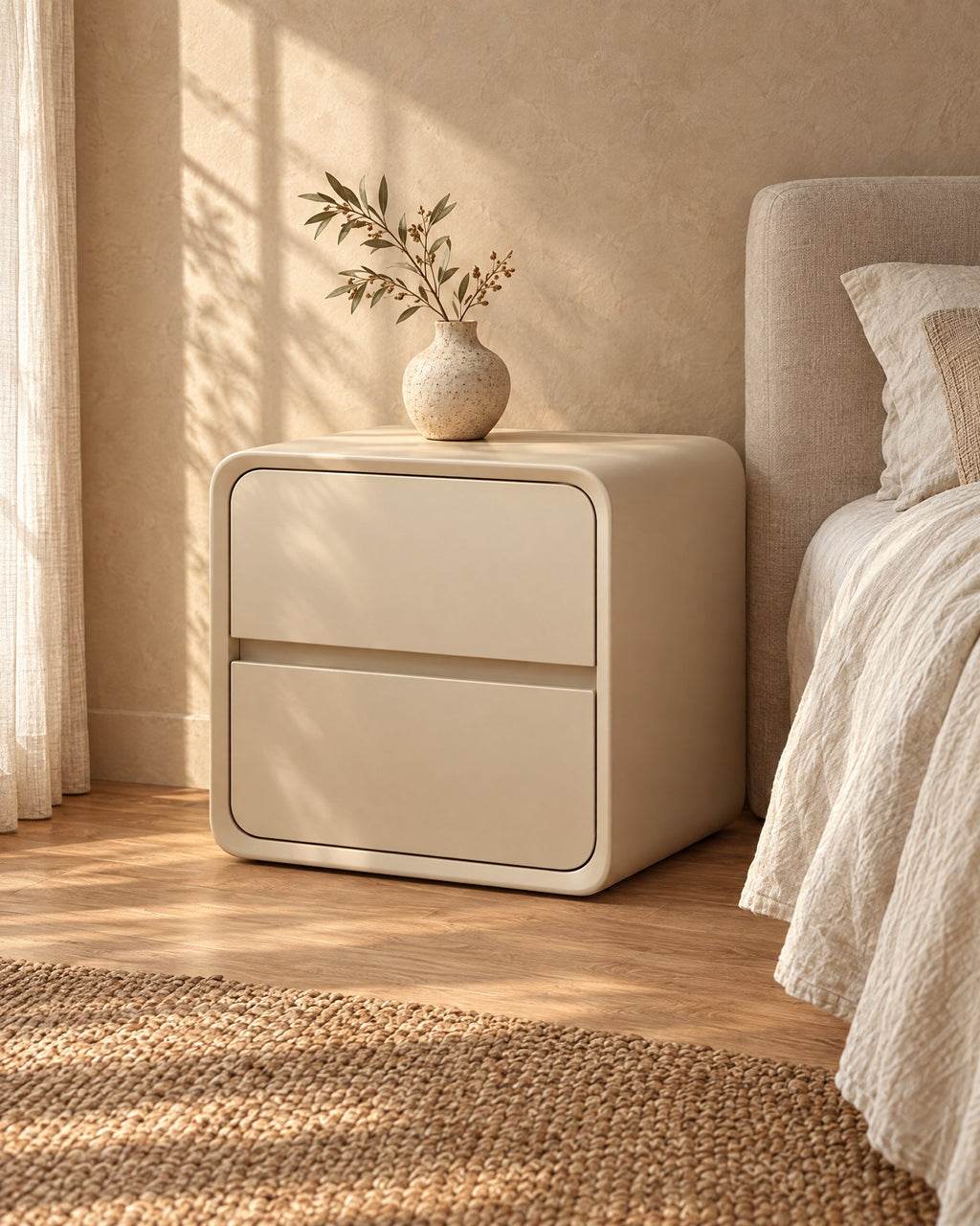 Cream rounded cube bedside table standing beside a bed with linen bedding