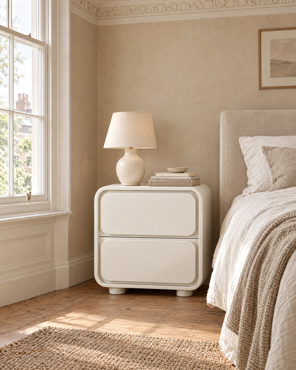 Cream rounded-frame bedside table beside a linen bed in a British bedroom with a sash window
