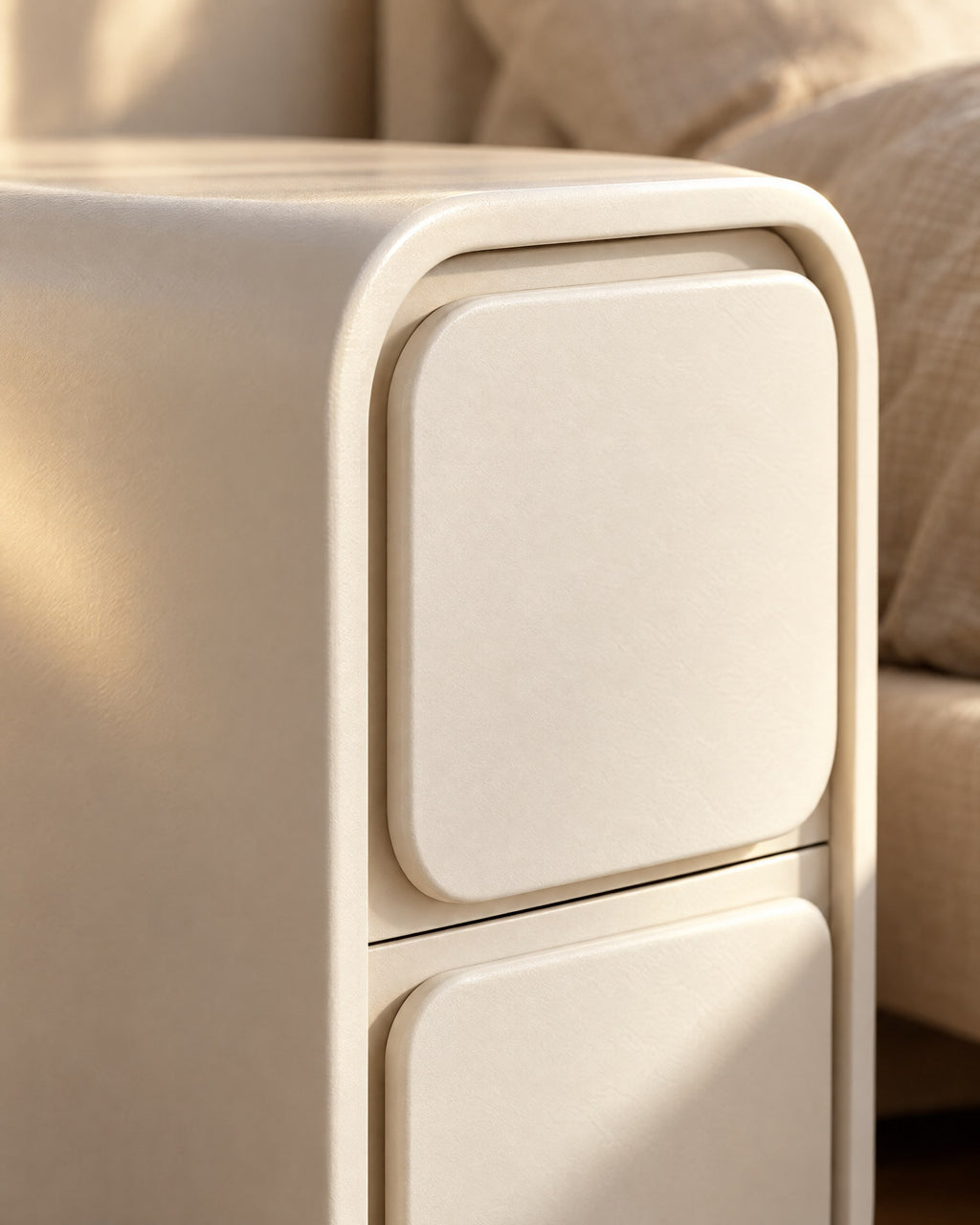 Close-up of the large rounded corner of the cream frame and drawer edge