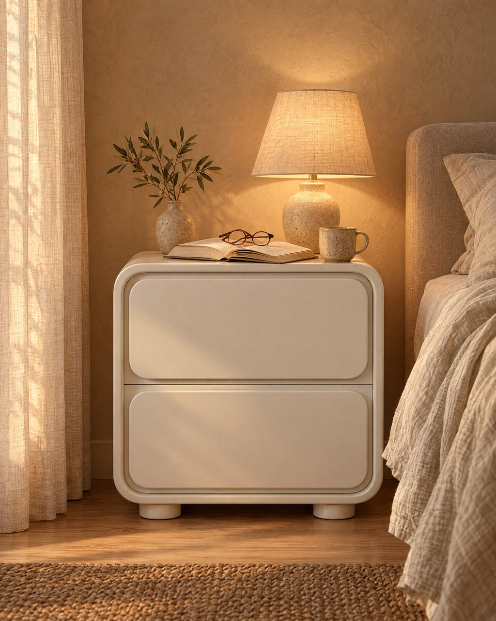 Cream bedside table with a rounded frame and two drawers, lamp switched on and an open book in the evening