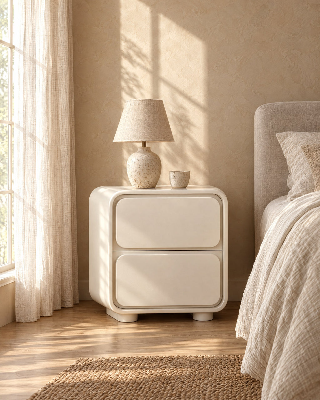 Cream bedside table with round feet and a ceramic lamp in morning light