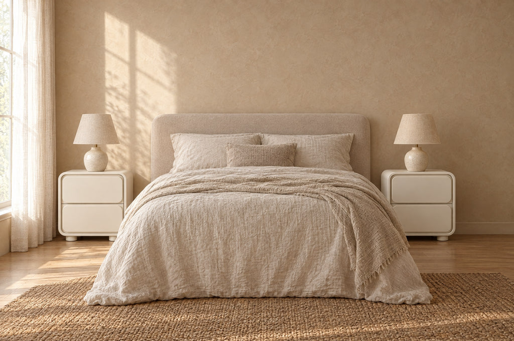 Pair of cream rounded-frame bedside tables on each side of a double bed