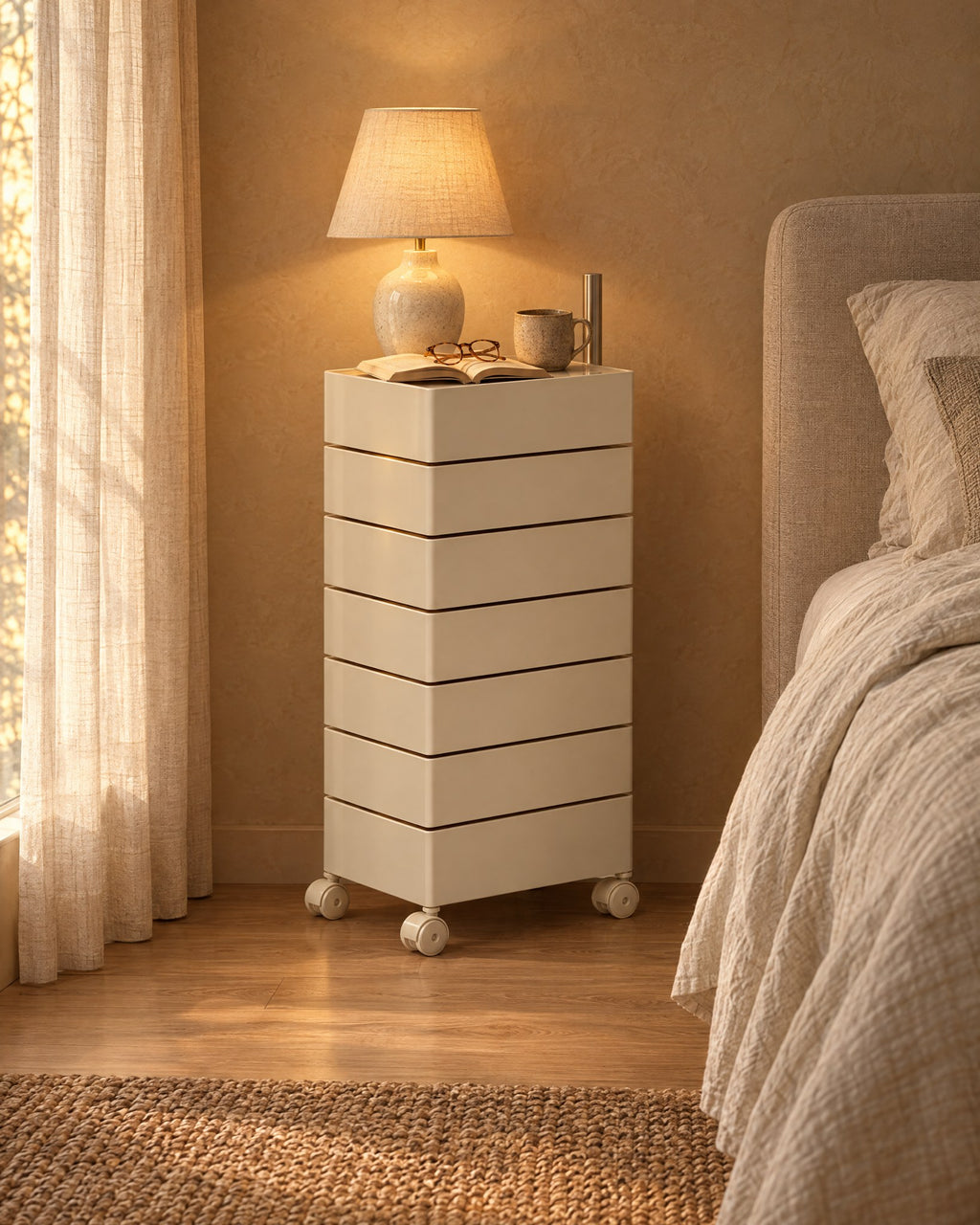Cream seven-drawer swivel tower beside a bed with a lamp switched on in the evening