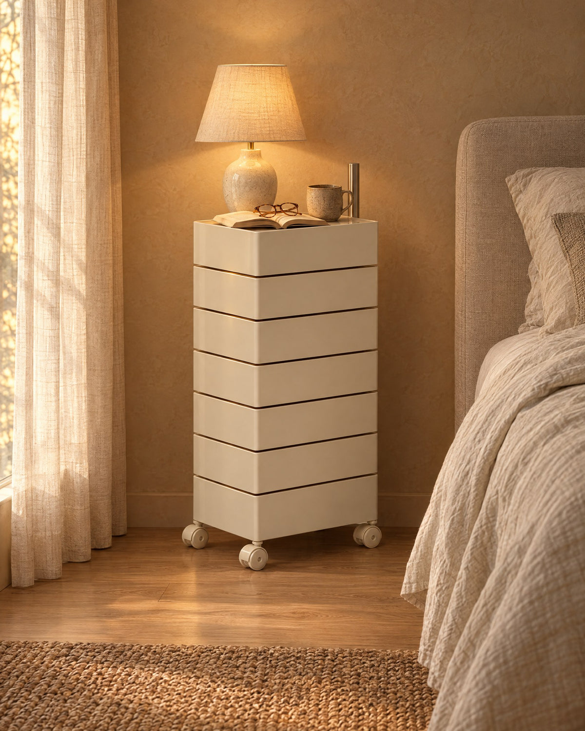 Cream seven-drawer swivel tower beside a bed with a lamp switched on in the evening