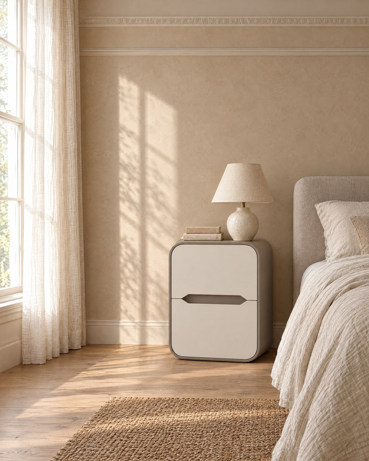 Cream and taupe rounded bedside table beside a linen bed in a British bedroom with a sash window