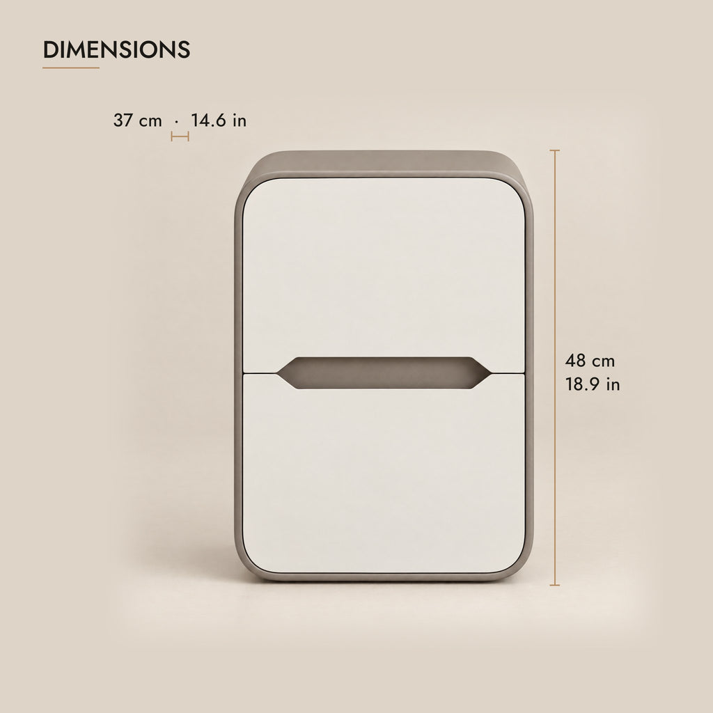 Cream and taupe rounded bedside table dimensions: 37 x 48 cm (D x H)