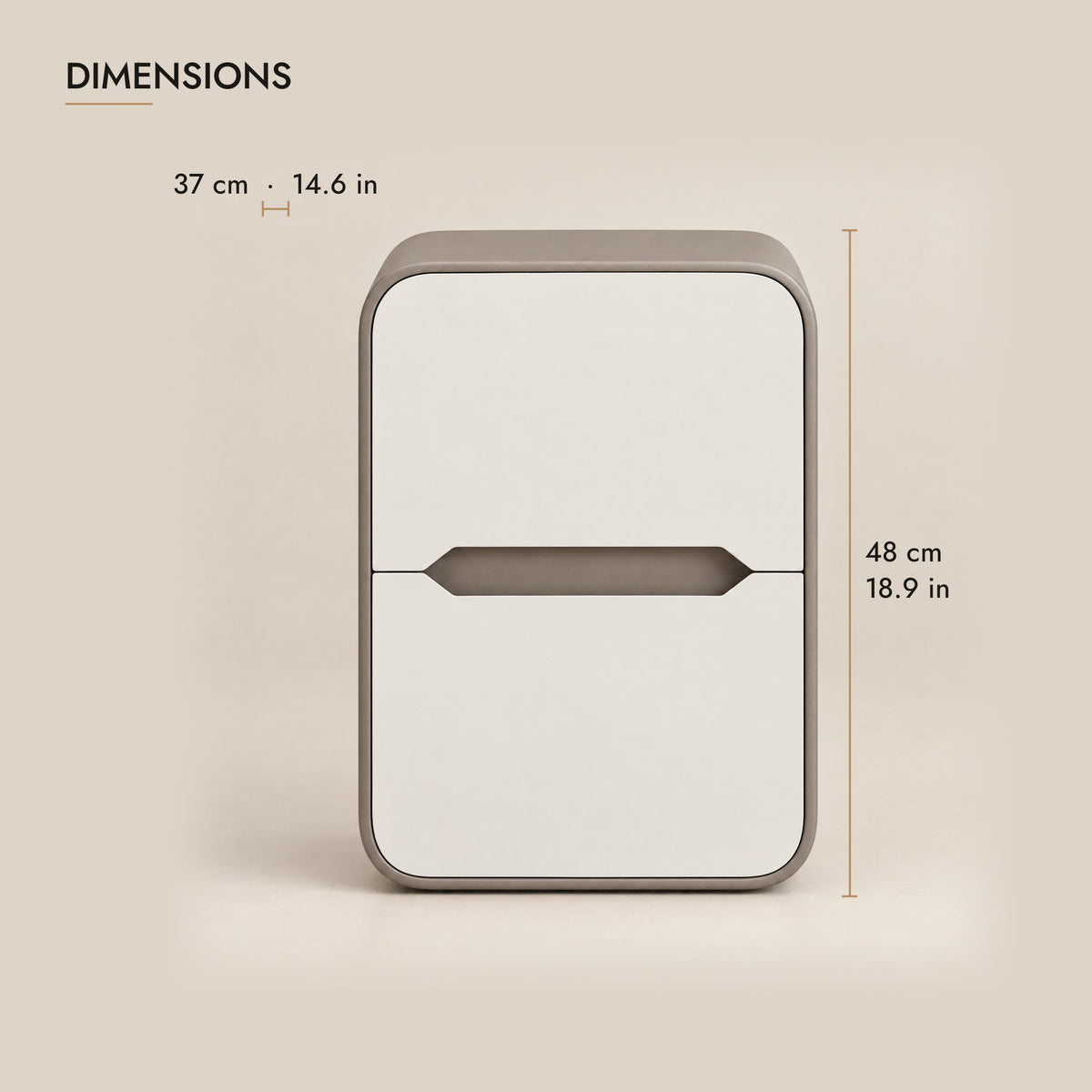 Cream and taupe rounded bedside table dimensions: 37 x 48 cm (D x H)