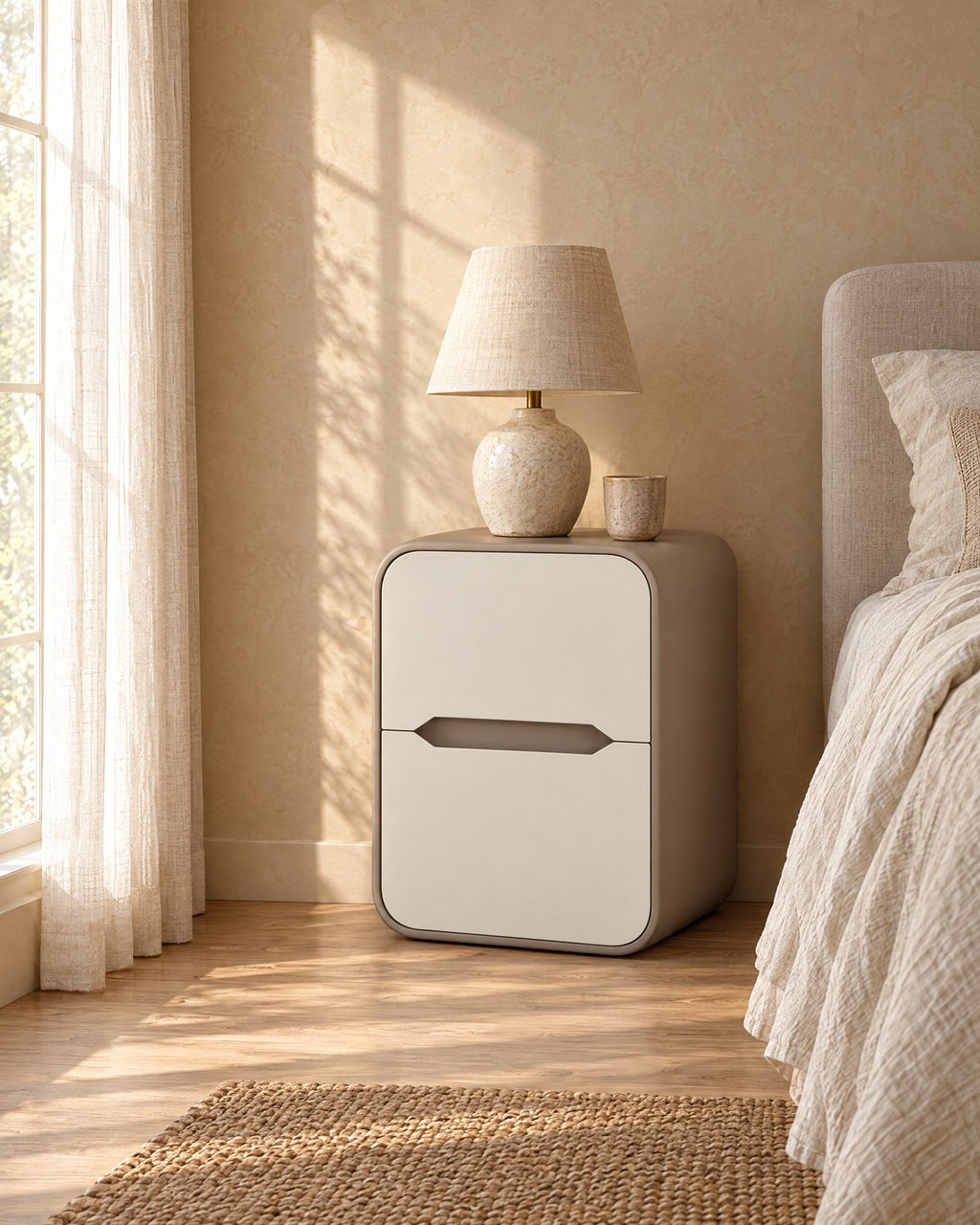 Cream and taupe rounded bedside table in warm morning light