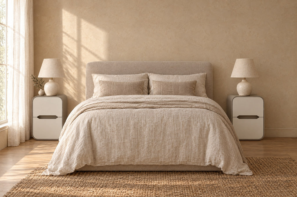 Pair of cream and taupe rounded bedside tables on each side of a double bed