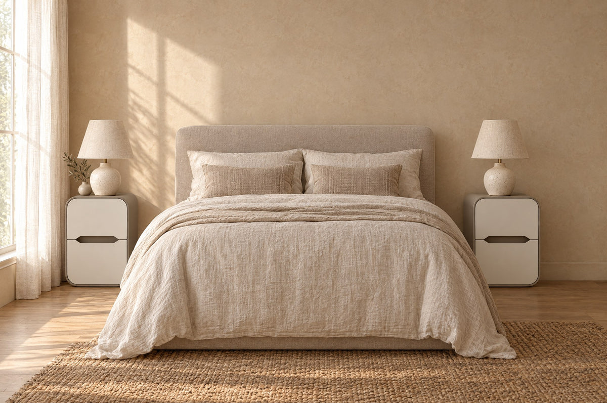 Pair of cream and taupe rounded bedside tables on each side of a double bed