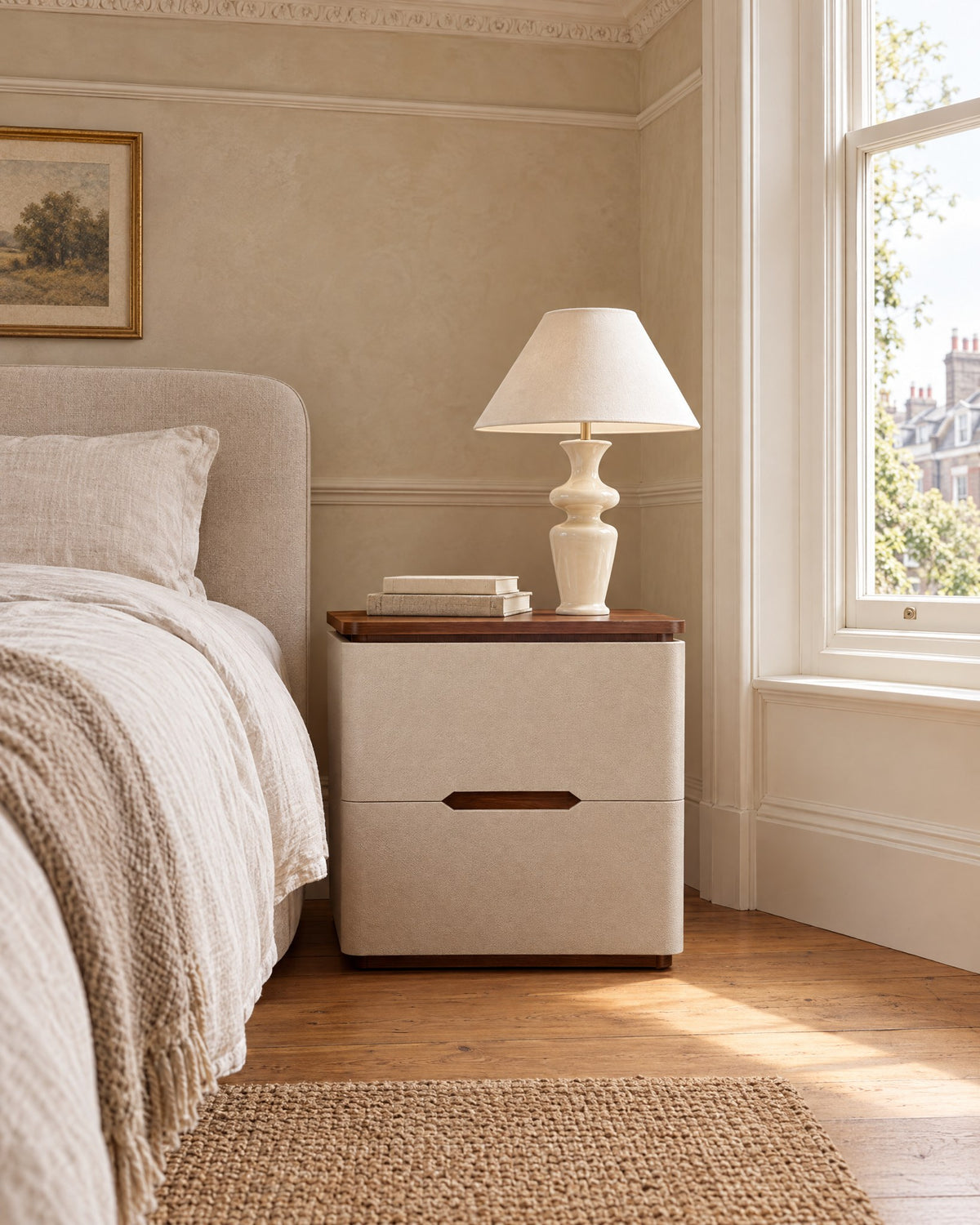 Cream upholstered bedside table beside a linen bed in a British bedroom with a sash window
