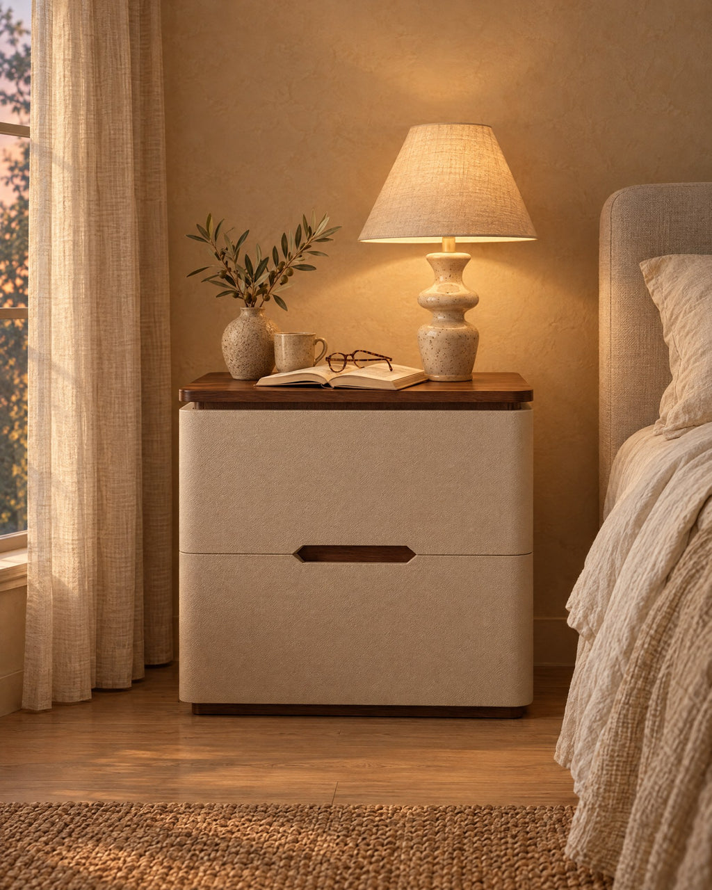 Cream upholstered bedside table with a walnut top and a lamp switched on in the evening