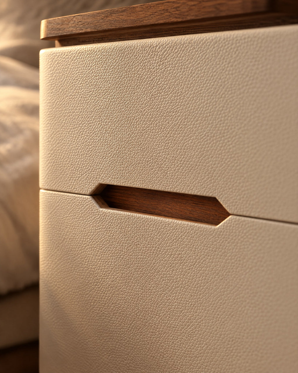 Close-up of the inset walnut finger pull and the cream faux-leather