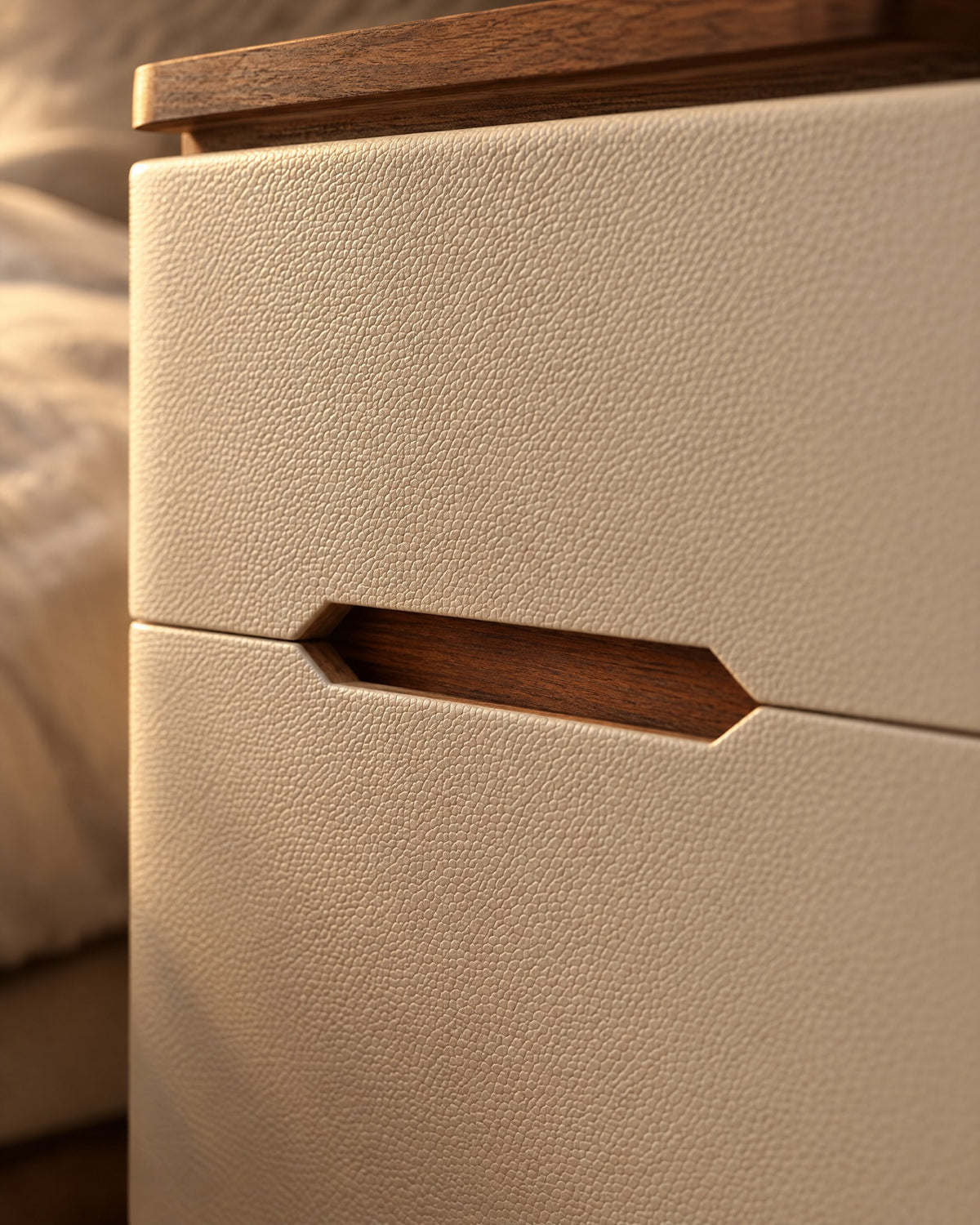 Close-up of the inset walnut finger pull and the cream faux-leather