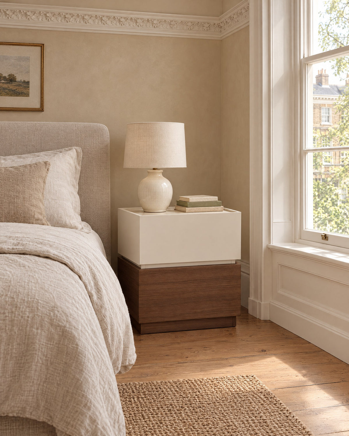 Cream and walnut bedside table beside a linen bed in a bright British bedroom with a sash window