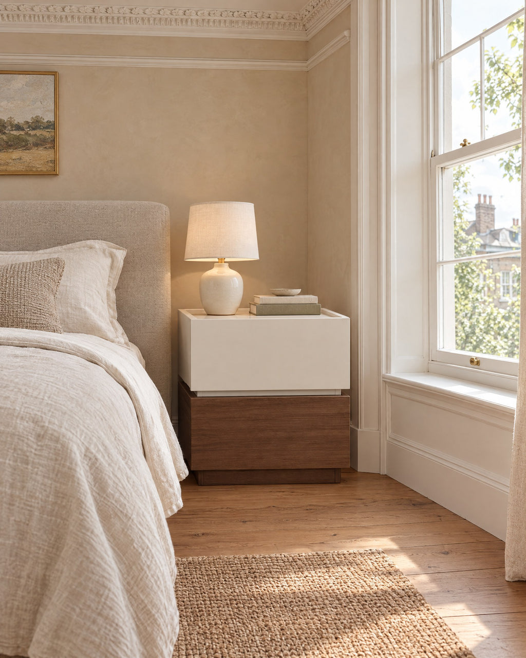 Two-tone cream and walnut bedside table in a British bedroom with a sash window