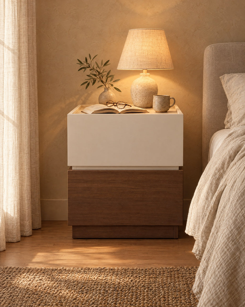 Cream and walnut two-tier bedside table with a lamp switched on and an open book in the evening