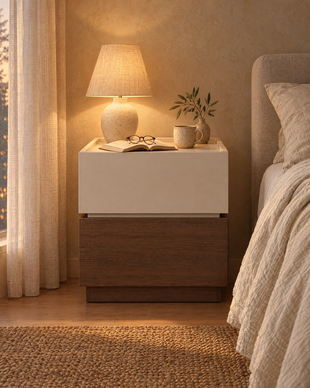 Two-tone cream and walnut bedside table, a lamp switched on and an open book in the evening