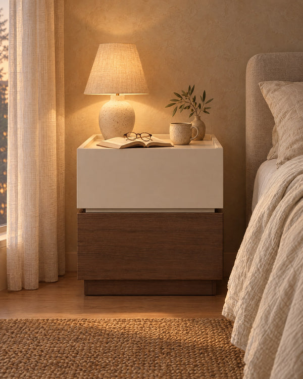 Two-Tone Cream and Walnut Bedside Table with 2 Drawers