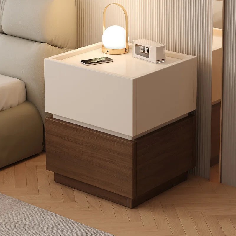Cream and walnut two-tier bedside table with two handle-free drawers
