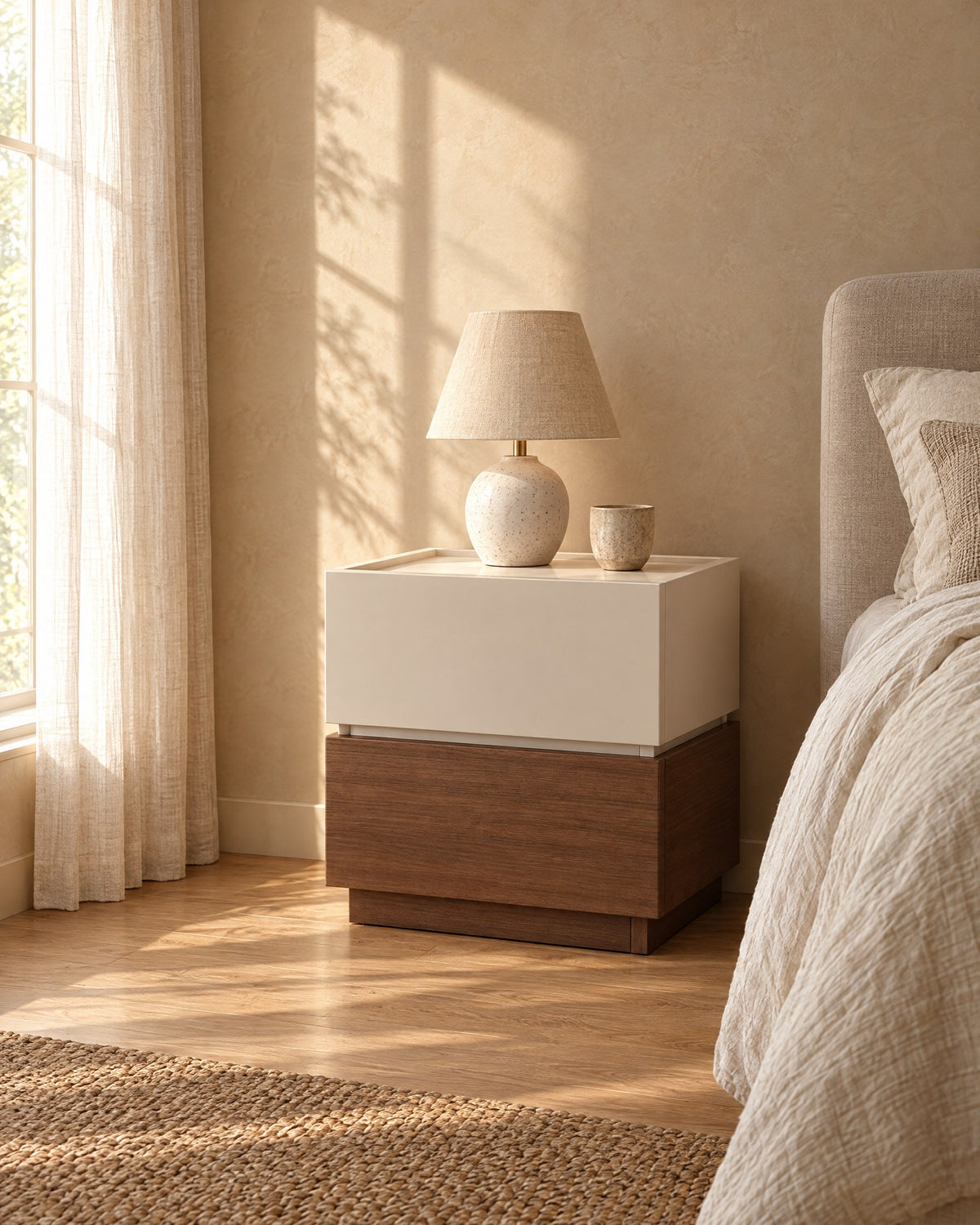 Two-tone cream and walnut bedside table in morning light