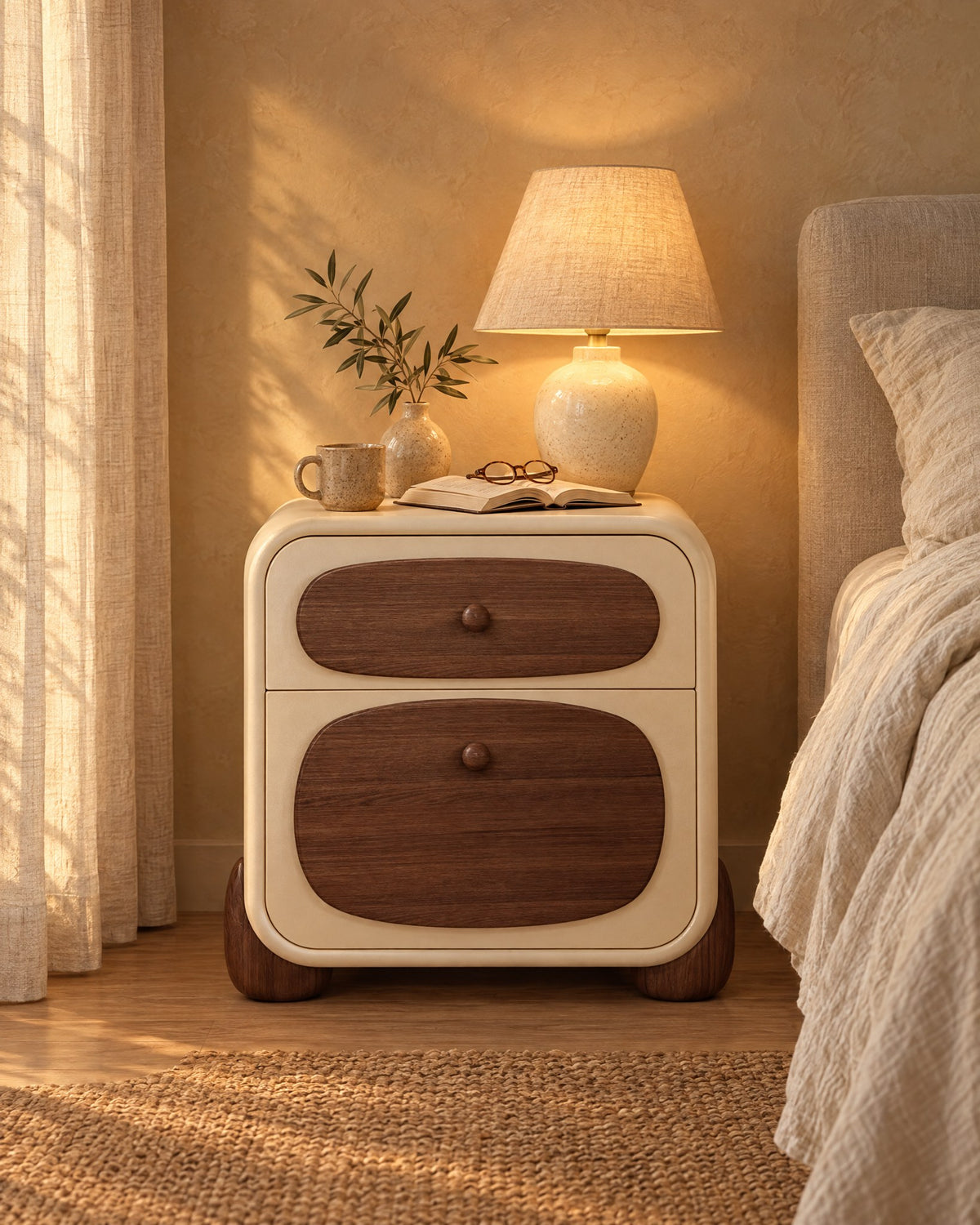 Cream bedside table with walnut drawer fronts and rounded feet, lamp switched on in the evening