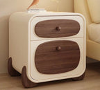 Cream bedside table with two walnut drawer fronts and rounded feet