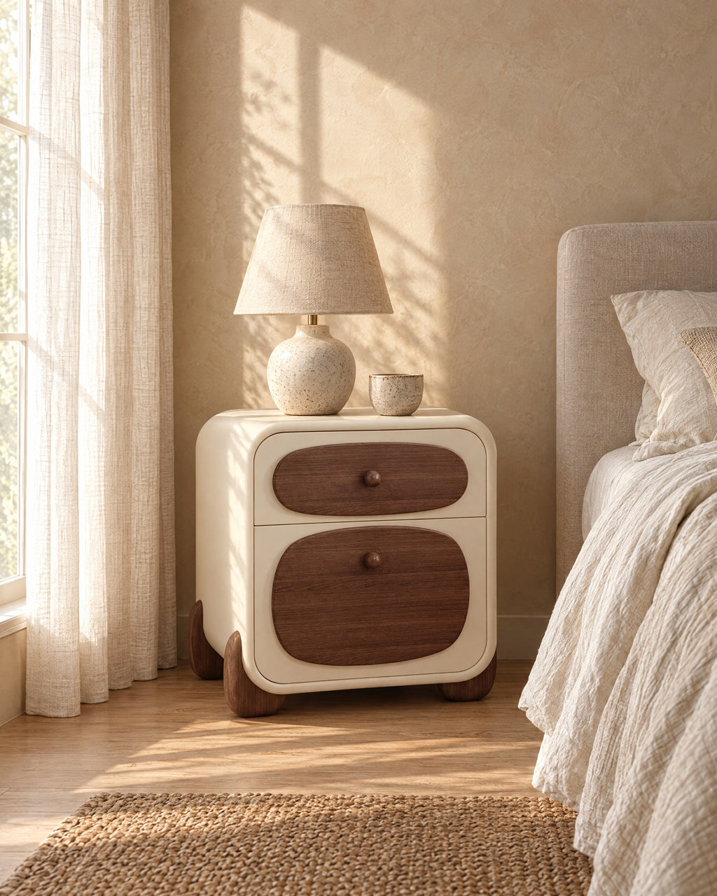 Cream bedside table with walnut drawer fronts in morning light