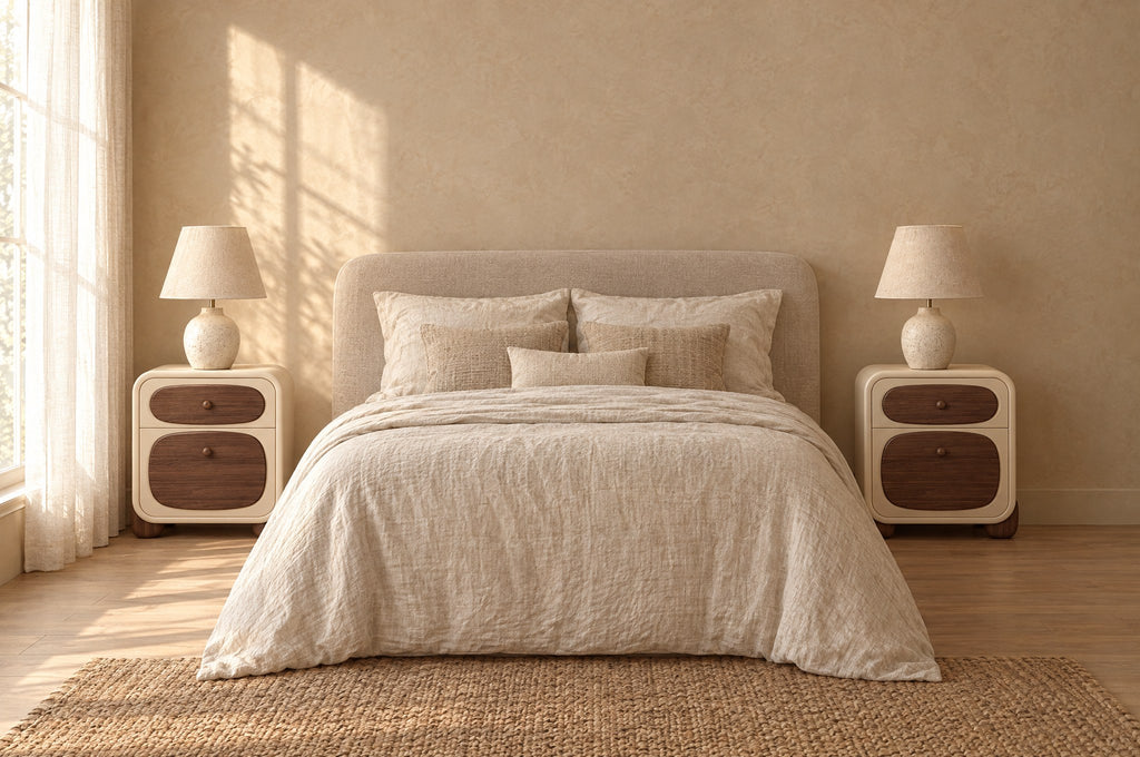 Pair of cream bedside tables with walnut drawer fronts on each side of a double bed