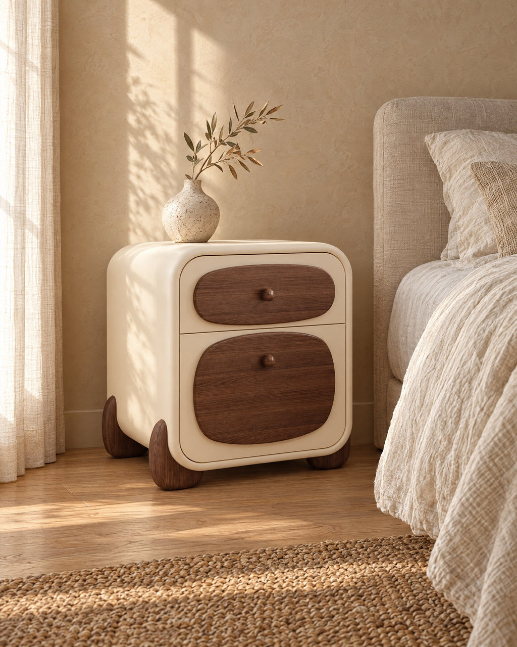 Three-quarter view of the cream bedside table showing its rounded walnut feet