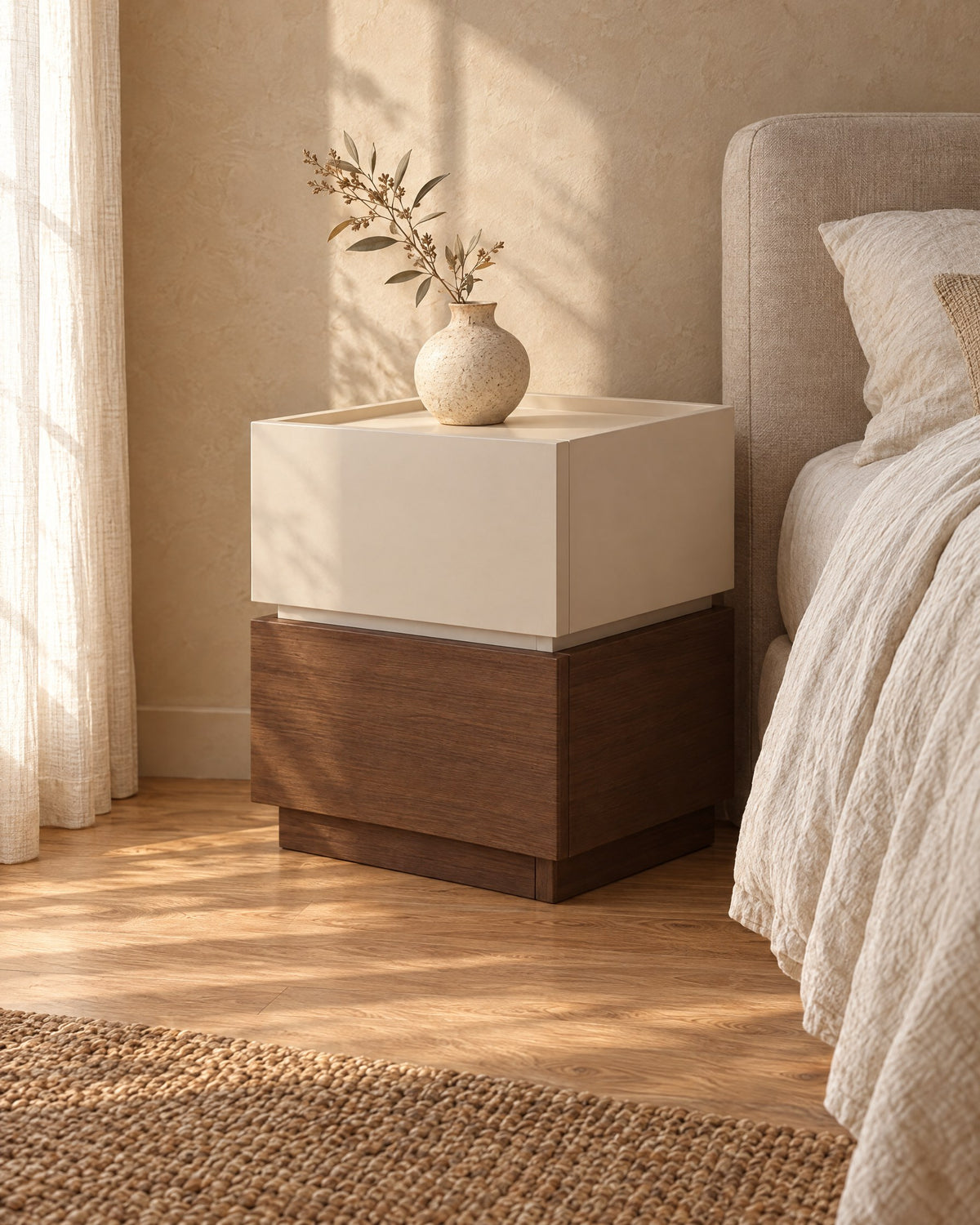Three-quarter view of the two-tier bedside table showing the cream and walnut blocks and recessed plinth