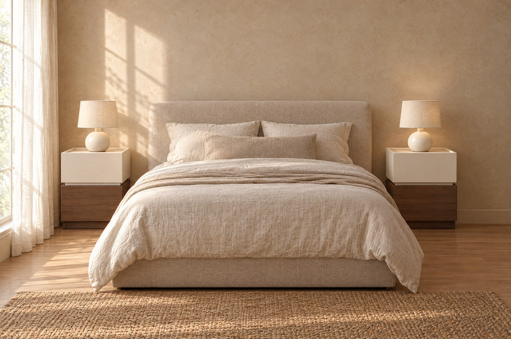 Pair of cream and walnut bedside tables on each side of a double bed
