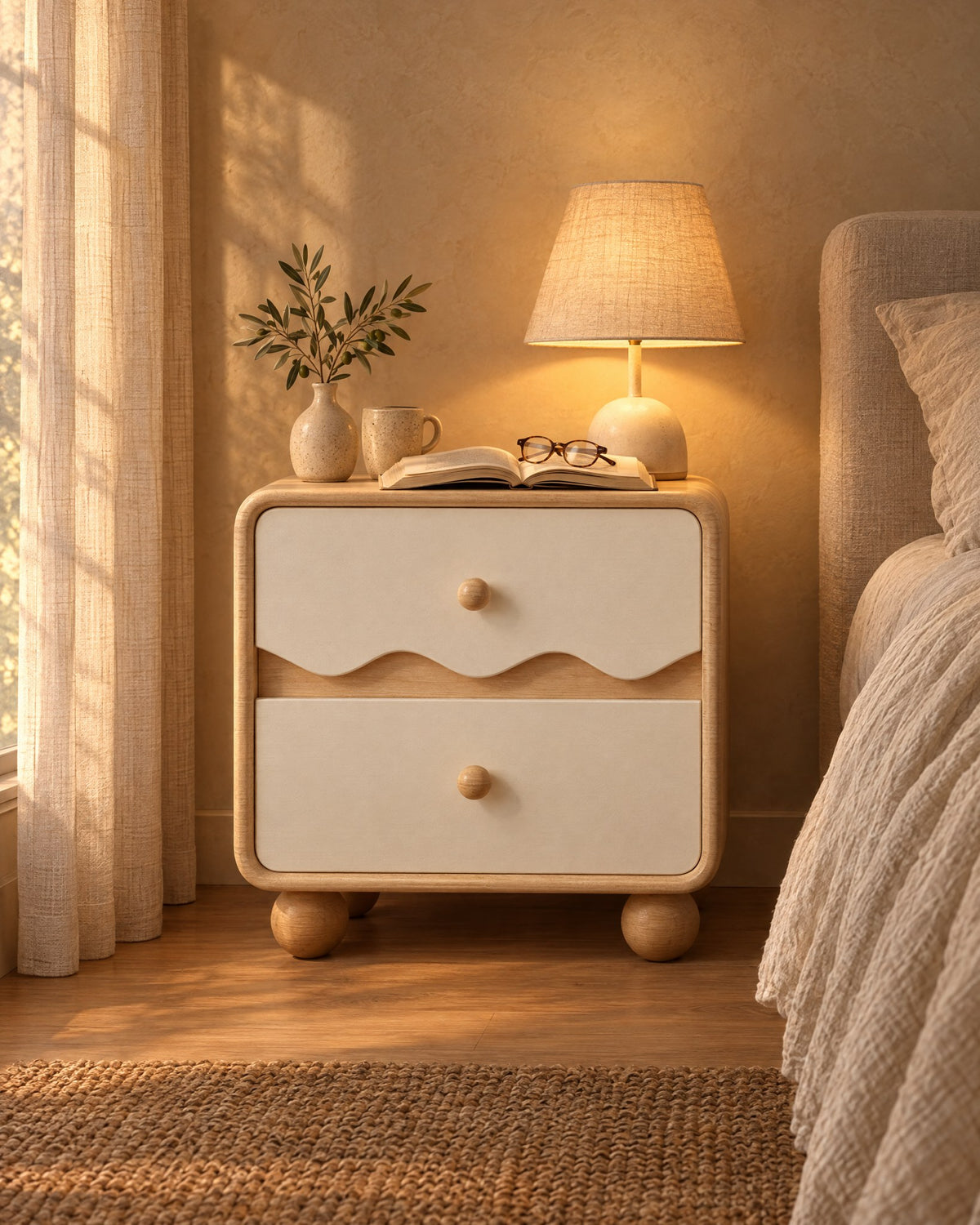 Cream wave bedside table with a lamp switched on, an open book and reading glasses in the evening