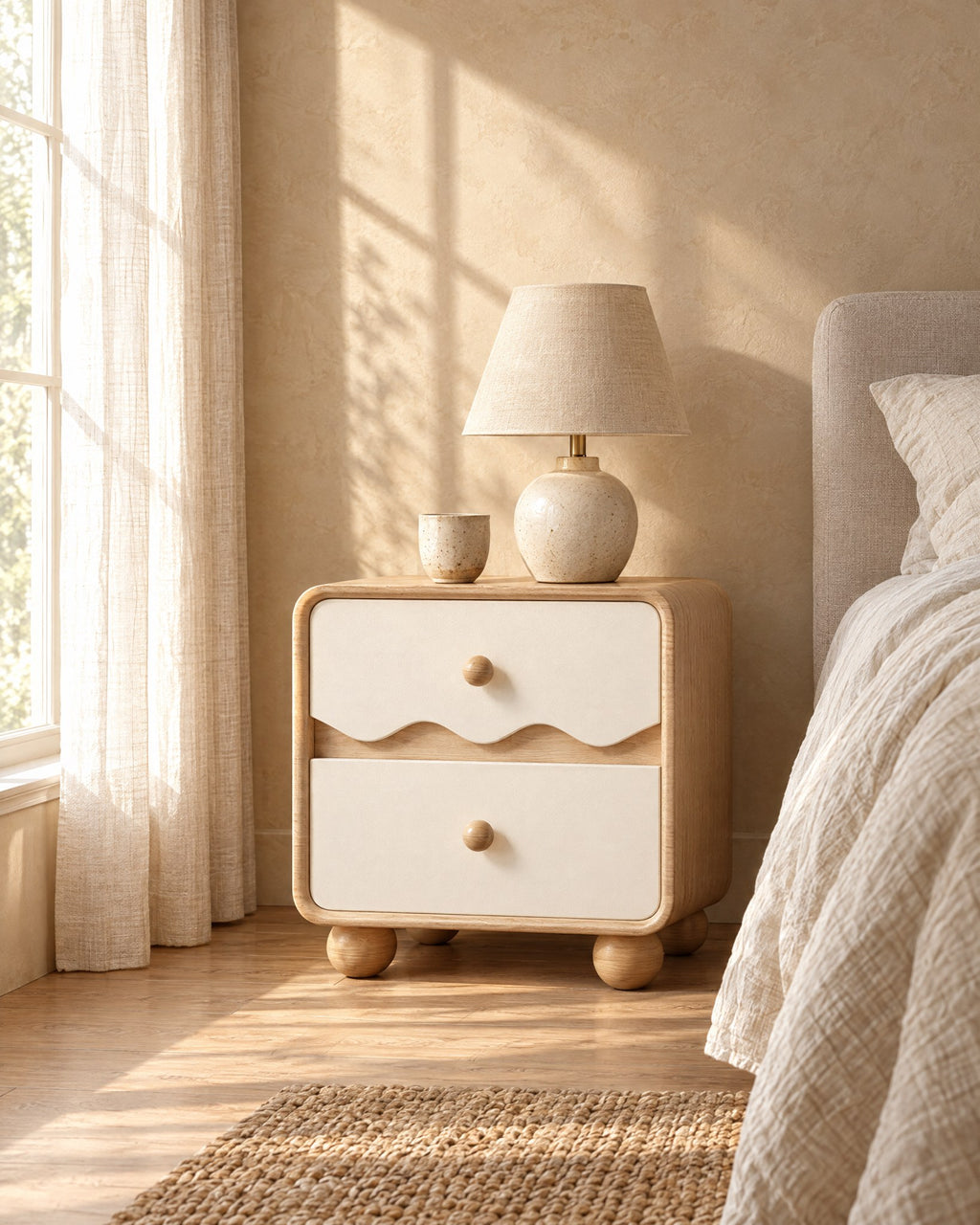 Cream wave bedside table with a ceramic lamp in morning light