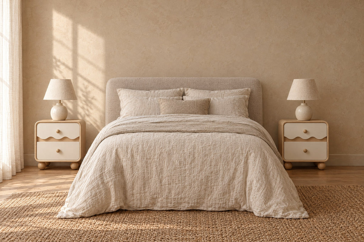 Pair of cream wave bedside tables on each side of a double bed