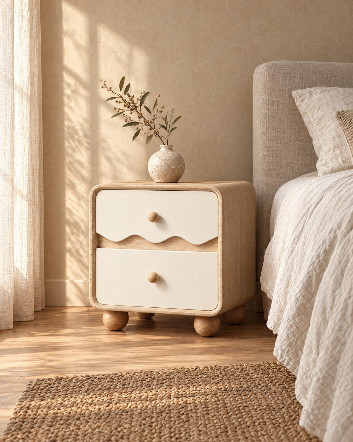 Cream wave bedside table standing beside a bed with linen bedding