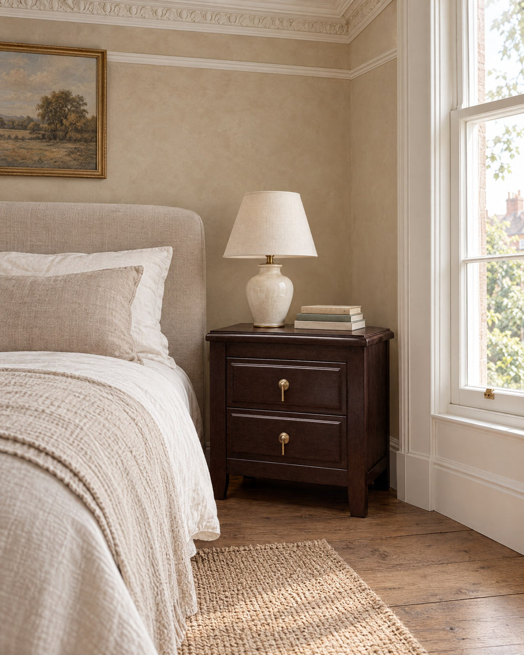 Dark wood bedside table with brass drop handles beside a linen bed in a bright British bedroom with a sash window