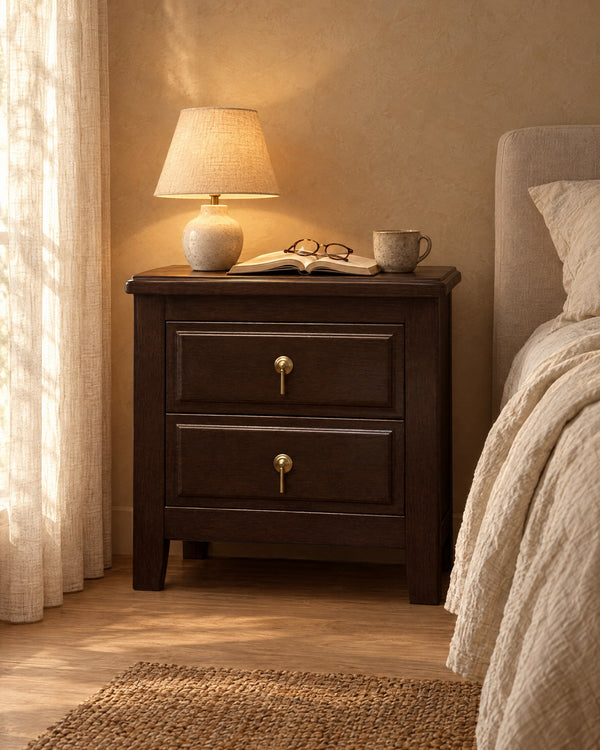 Dark Wood Bedside Table with 2 Drawers and Brass Drop Handles