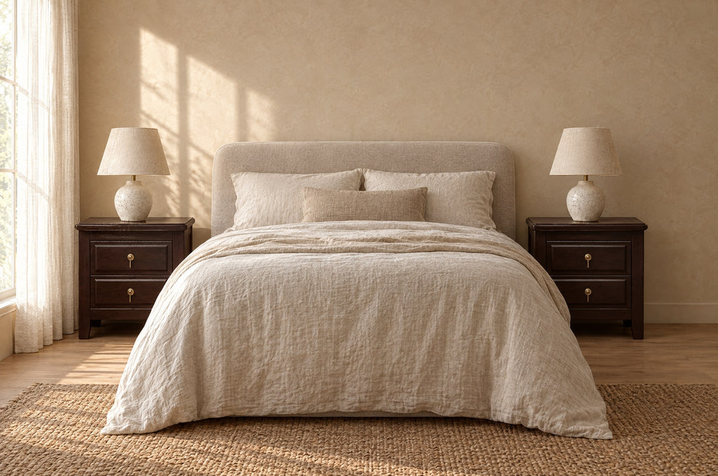 Pair of dark wood bedside tables with brass drop handles on each side of a double bed
