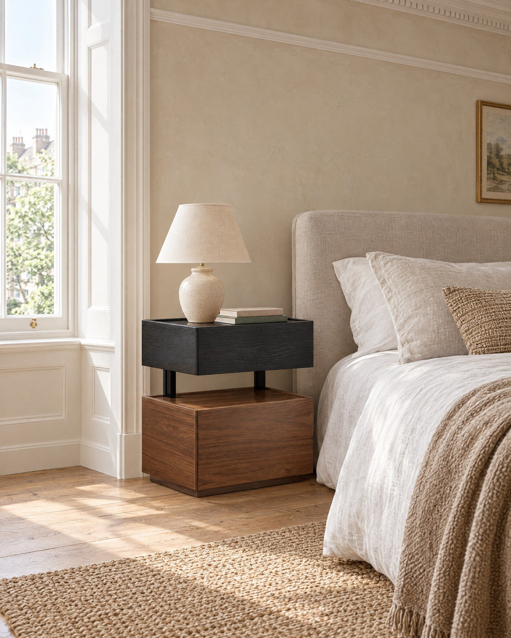Black and walnut floating bedside table beside a linen bed in a British bedroom with a sash window
