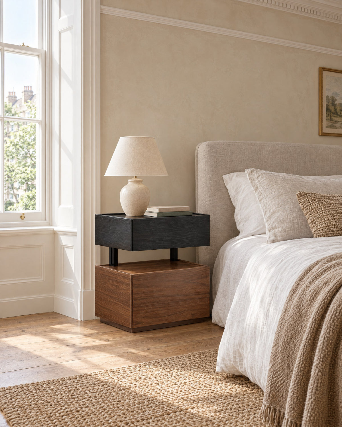 Black and walnut floating bedside table beside a linen bed in a British bedroom with a sash window