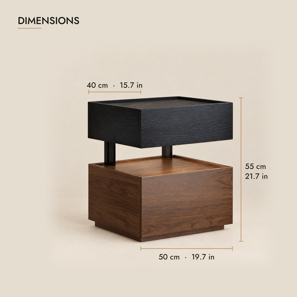 Floating bedside table dimensions: 50 cm wide, 40 cm deep, 55 cm high