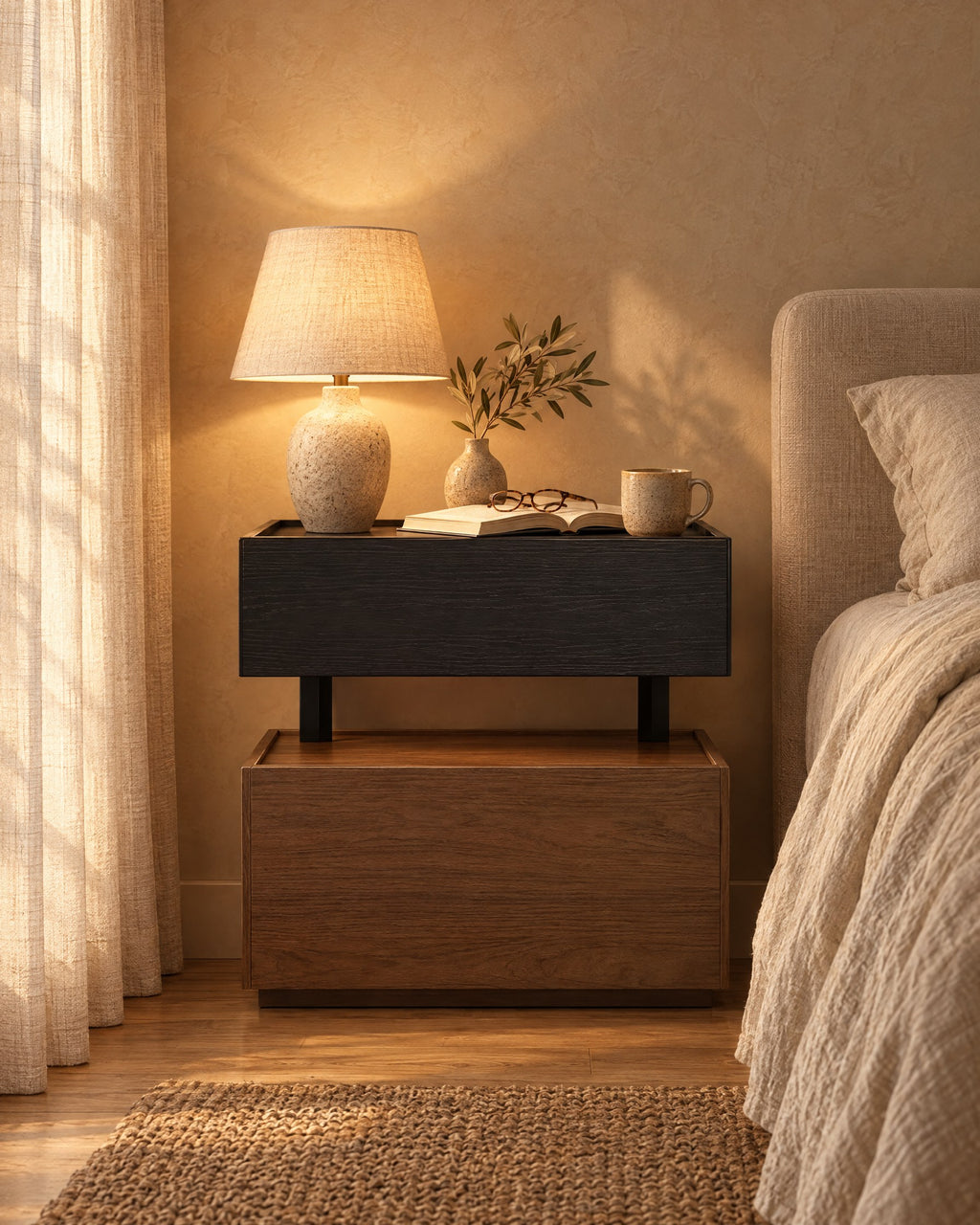 Floating black and walnut bedside table with two drawers, lamp switched on and an open book in the evening