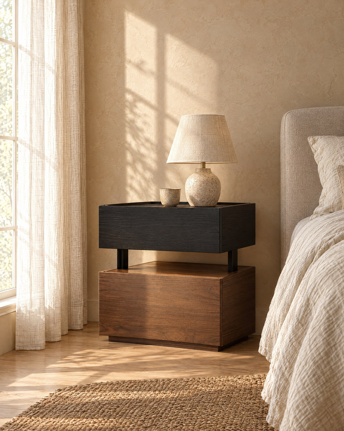 Two-tone floating bedside table with a ceramic lamp in morning light