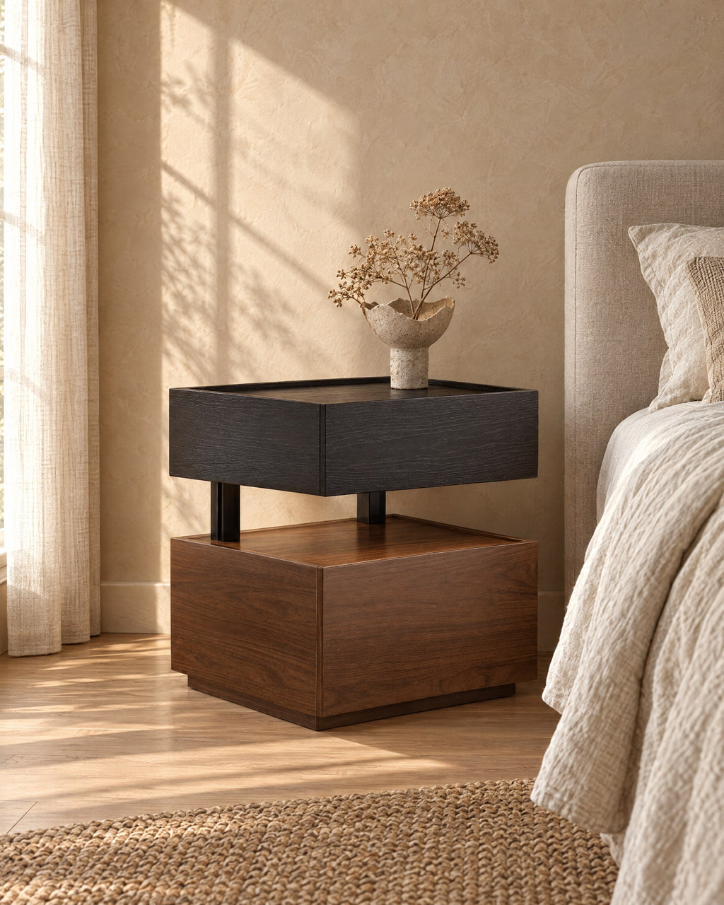 Three-quarter view of the floating bedside table showing the open gap between the drawers