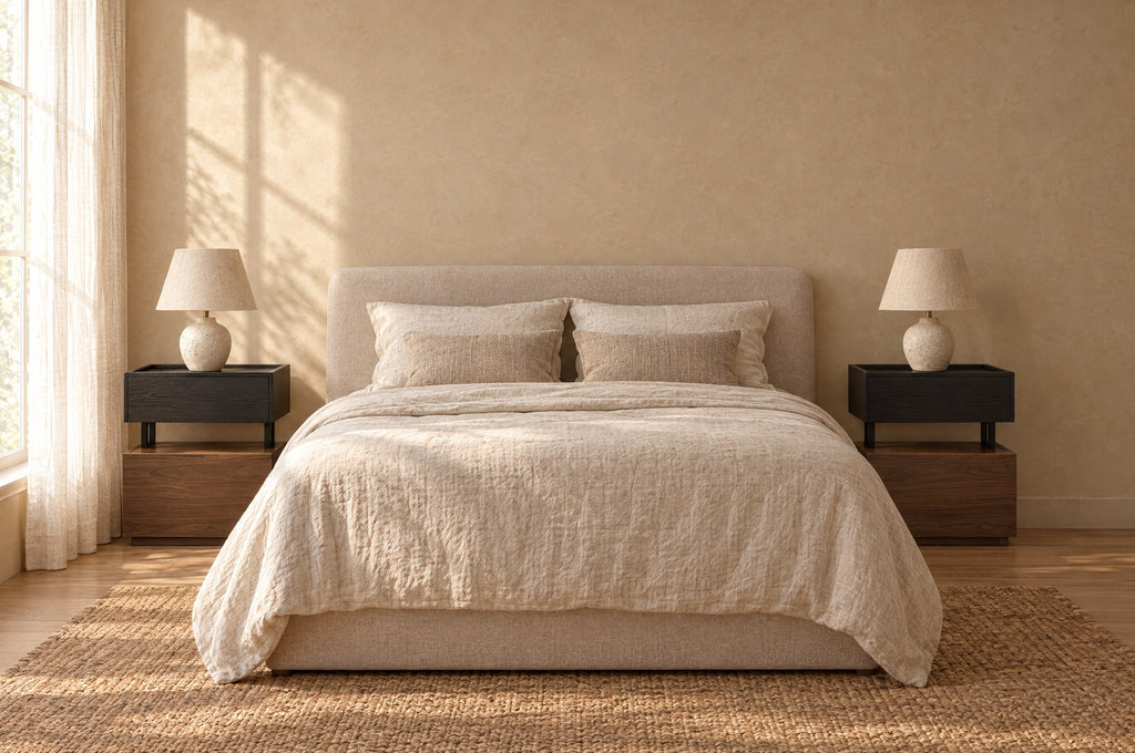 Pair of floating black and walnut bedside tables on each side of a double bed