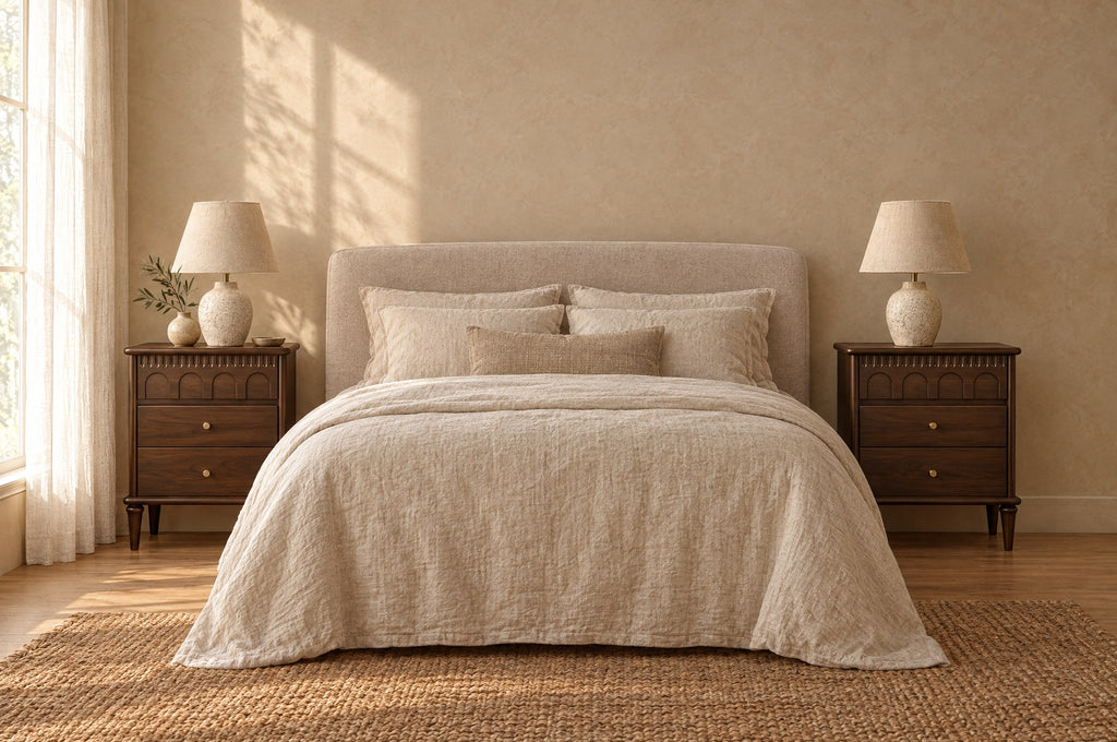 Pair of French-style walnut bedside tables either side of a double bed